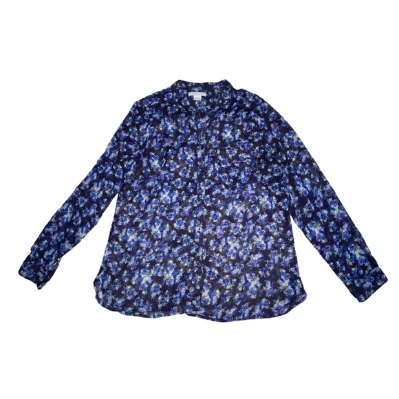 Liz Claiborne Sheer Blue Floral Button Down Blouse Top - Women’s Large - Picture 7 of 11